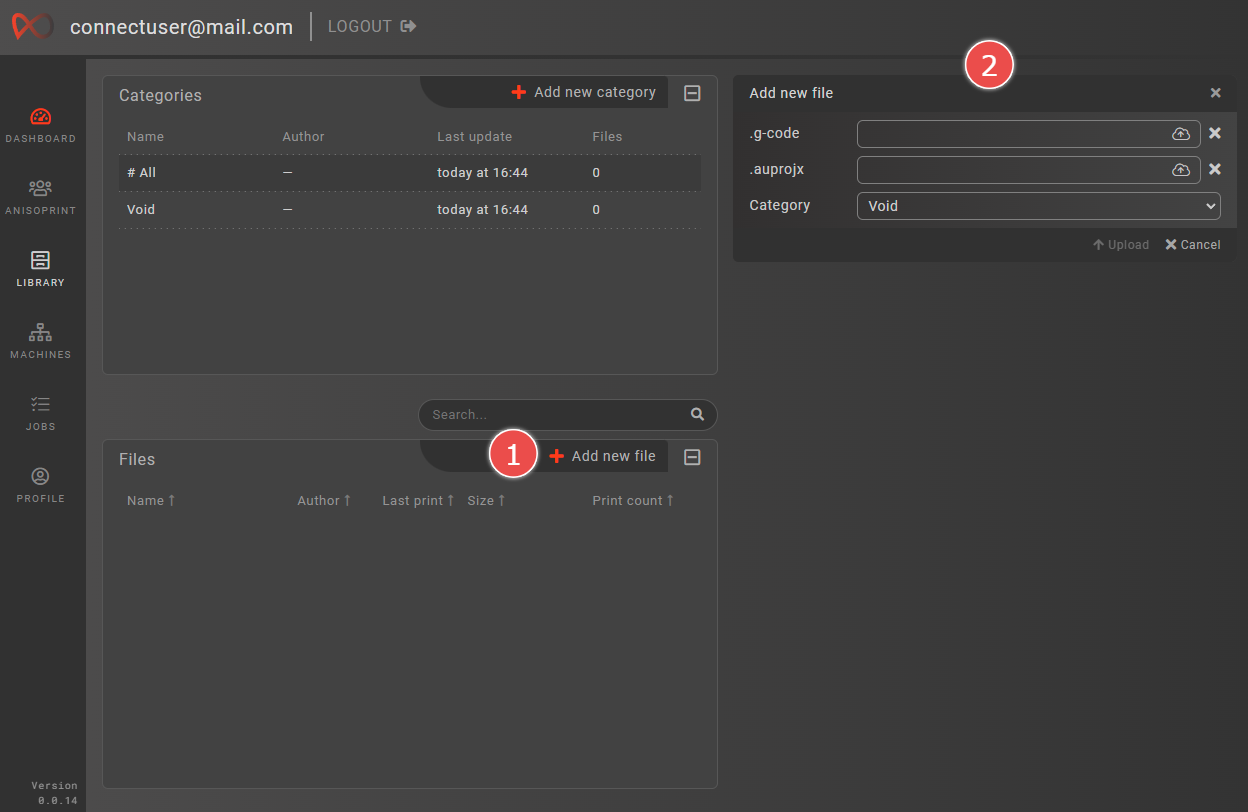 Library screen with file upload form